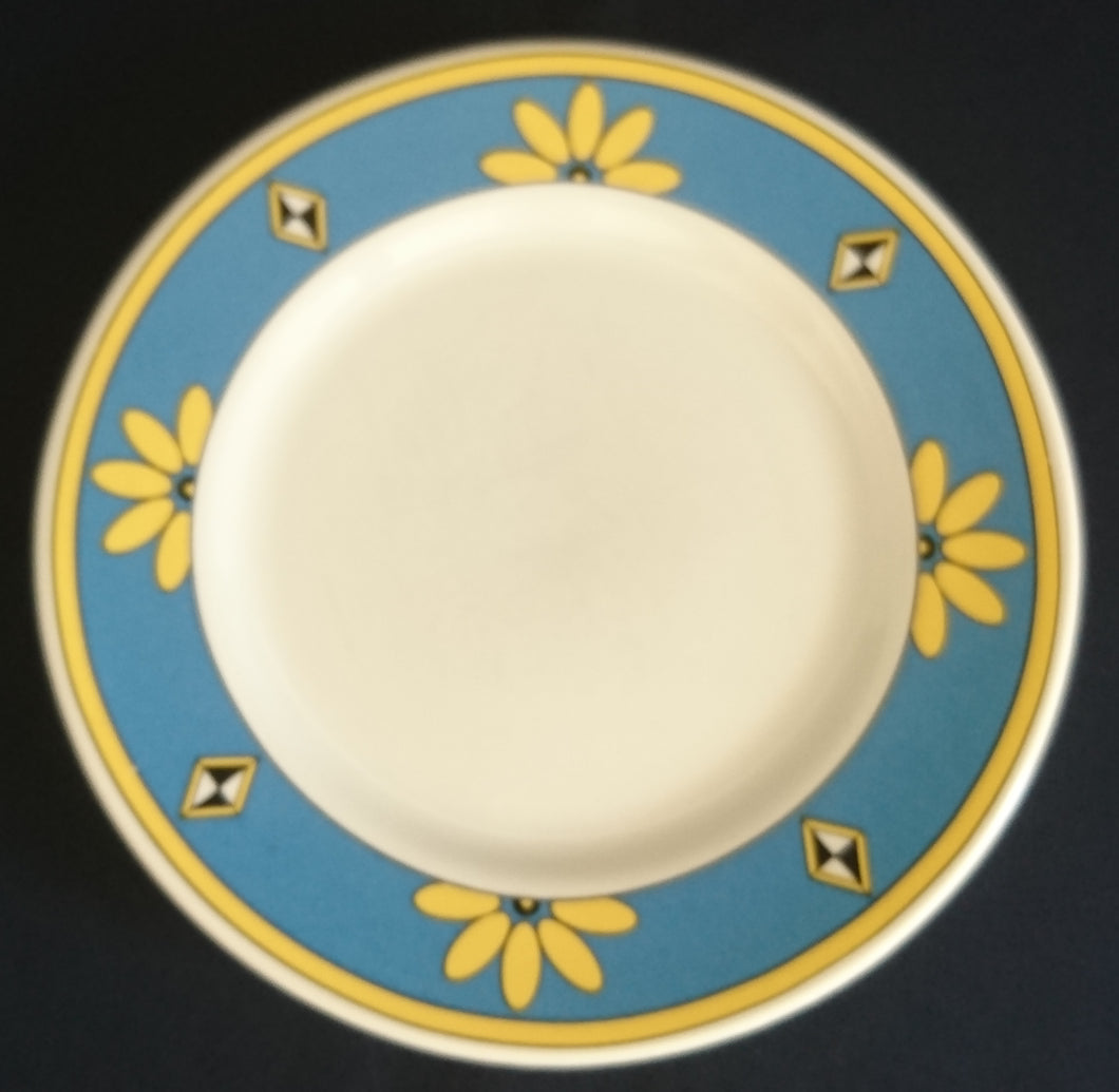 DESSERTTELLER - Porzellan, Gelber Breiter Schmaler Linien Rand Blumenblüten Karo Diamant Motiv Dekor
