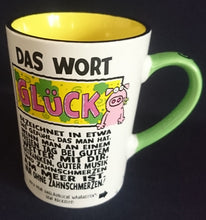 Lade das Bild in den Galerie-Viewer, KAFFEETASSE - Keramik / Steingut, Kleeblatt Glücksschwein Das Wort Glück Text Aufschrift Motiv Dekor
