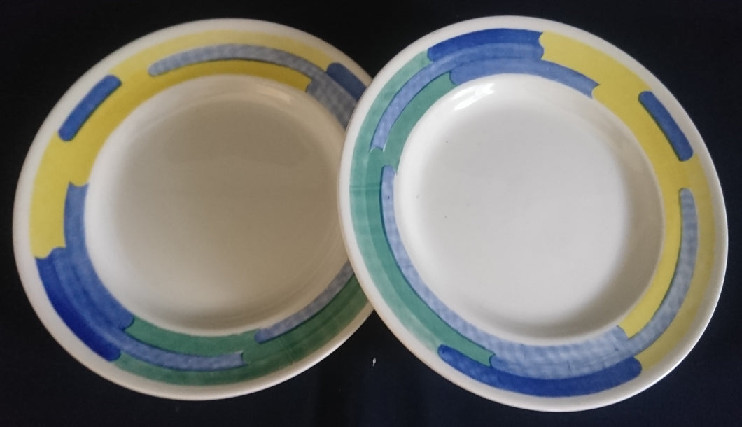 2er Set DESSERTTELLER - Keramik / Steingut, Regenbogen Farben Balken Dekor Rand
