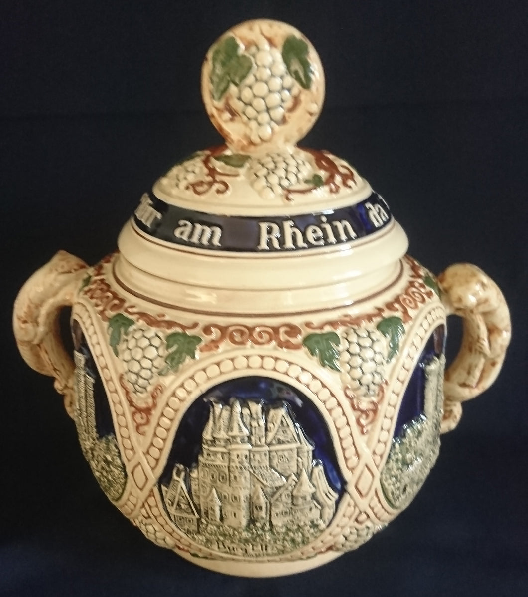 BOWLESCHÜSSEL MIT DECKEL - Keramik / Steingut, Burgen Schloß Schlösser Ruinen Weintrauben Abstrakt Aufschrift Motiv Dekor