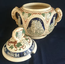 Lade das Bild in den Galerie-Viewer, BOWLESCHÜSSEL MIT DECKEL - Keramik / Steingut, Burgen Schloß Schlösser Ruinen Weintrauben Abstrakt Aufschrift Motiv Dekor
