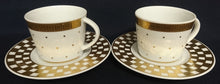 Lade das Bild in den Galerie-Viewer, 2er Set 2er KAFFEEGEDECKE - Porzellan, Goldrand Breite Streifen Vierecke Quadrate Schachbrett Punkte Motiv Dekor
