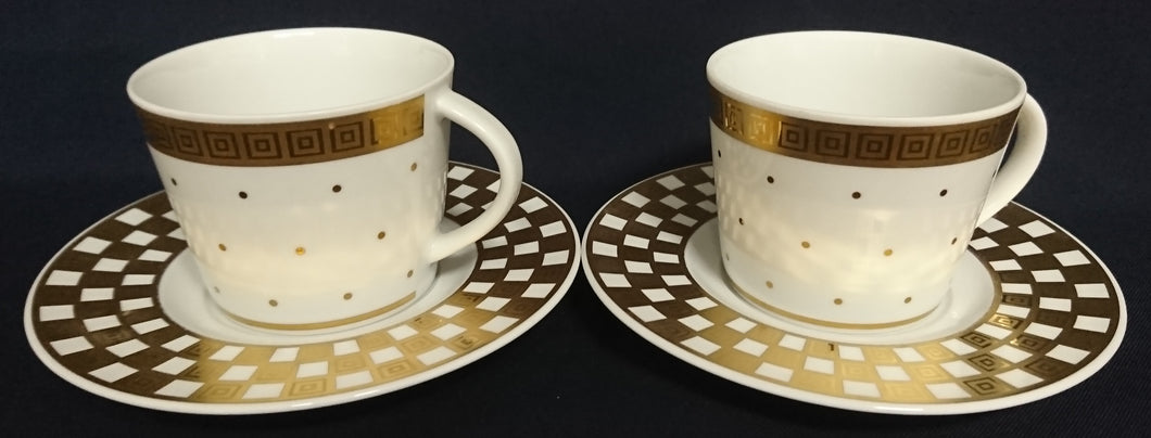 2er Set 2er KAFFEEGEDECKE - Porzellan, Goldrand Breite Streifen Vierecke Quadrate Schachbrett Punkte Motiv Dekor