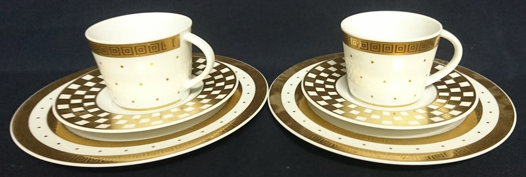 2er Set 3er KAFFEEGEDECKE - Porzellan, Goldrand Breite Streifen Vierecke Quadrate Schachbrett Punkte Motiv Dekor