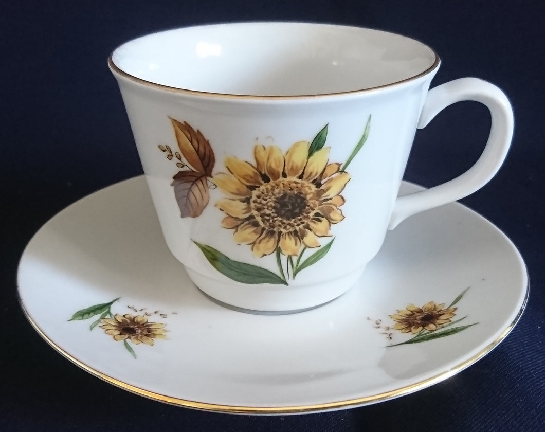 2er KAFFEEGEDECK - Porzellan, Goldrand Flora Sonnenblumen Blüten Natur Motiv Dekor