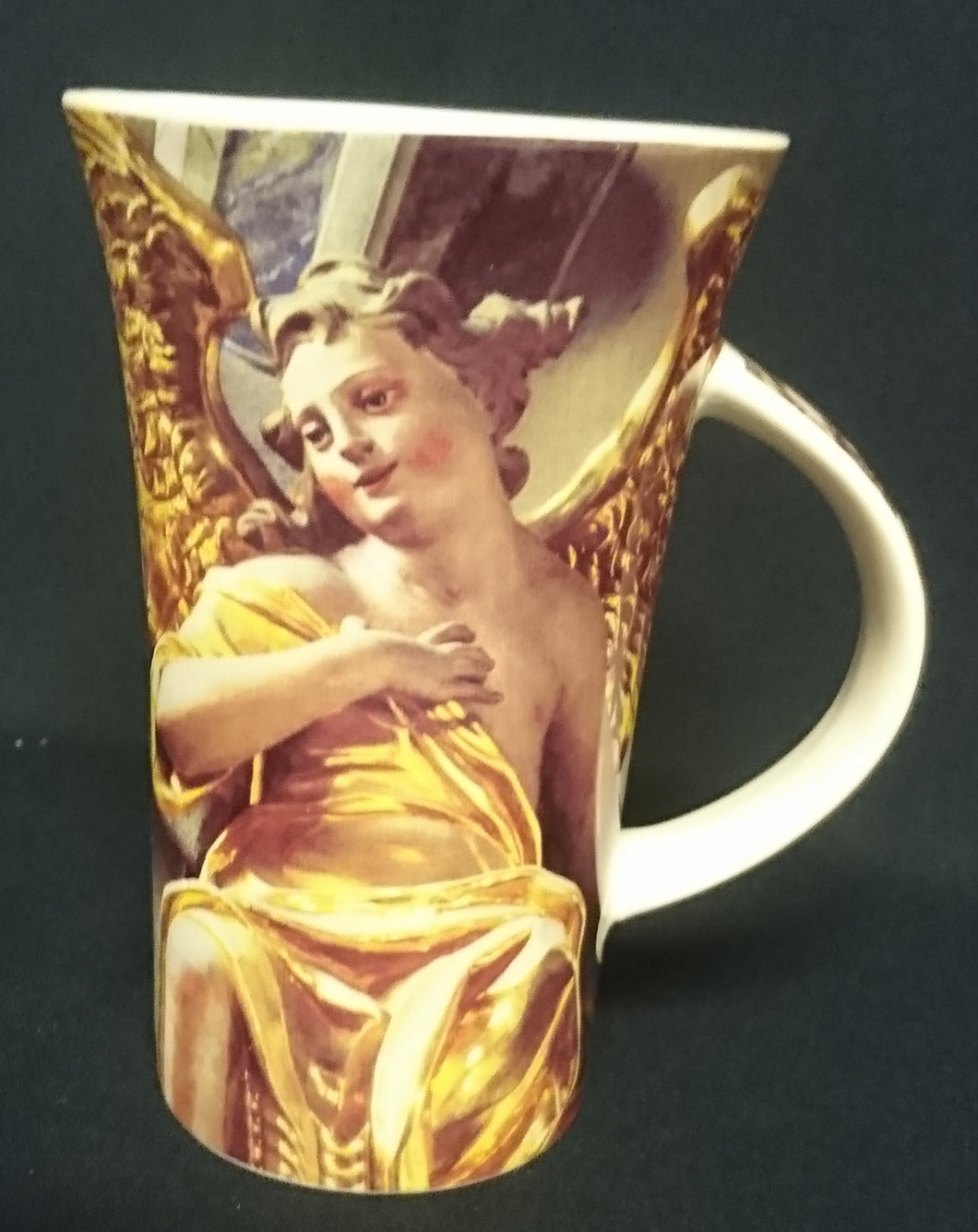 KAFFEETASSE ~POTT - Porzellan, Goldene Engel Statue Figur Flügel Werbeaufschrift Innen Motiv Dekor