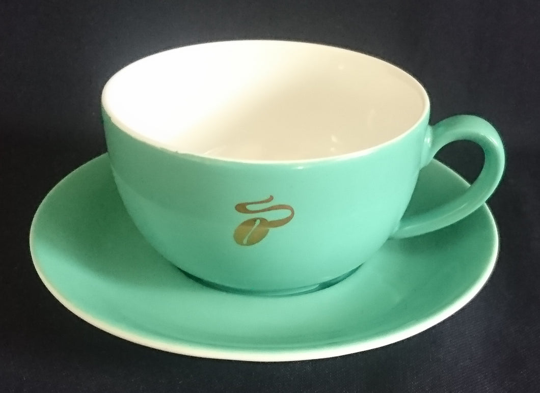 2er CAPPUCCINO~ KAFFEEGEDECK - Porzellan, Goldene Tchibo Kaffeebohne Motiv Dekor