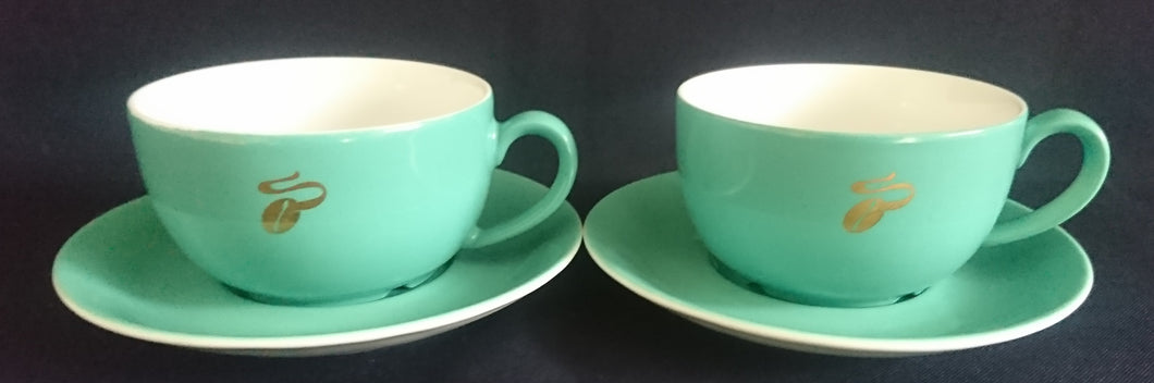 2er Set 2er CAPPUCCINO~ KAFFEEGEDECKE - Porzellan, Goldene Tchibo Kaffeebohne Motiv Dekor