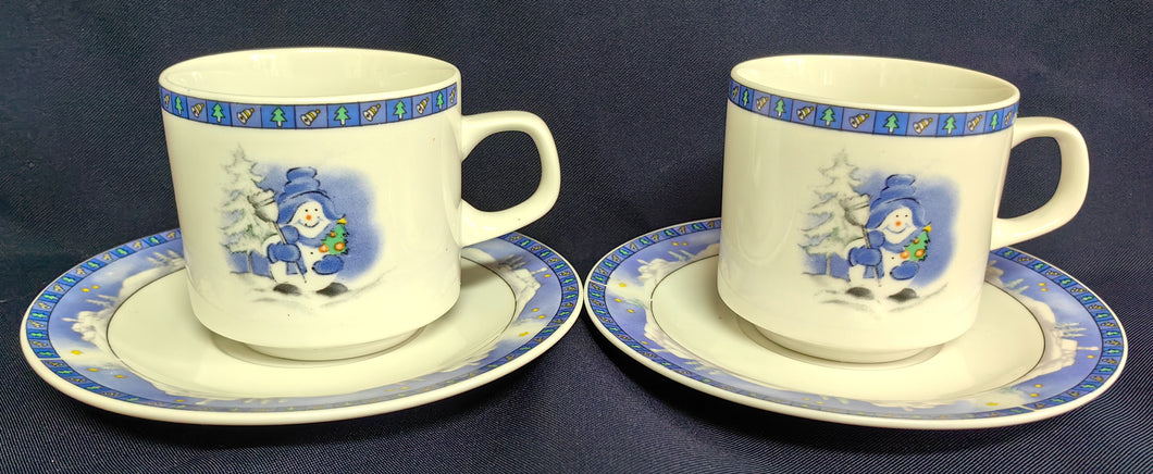 2er Set 2er KAFFEEGEDECKE - Porzellan, Advent Weihnachten Winter Schnee Baum Bäume Rand Symbole Motiv Dekor