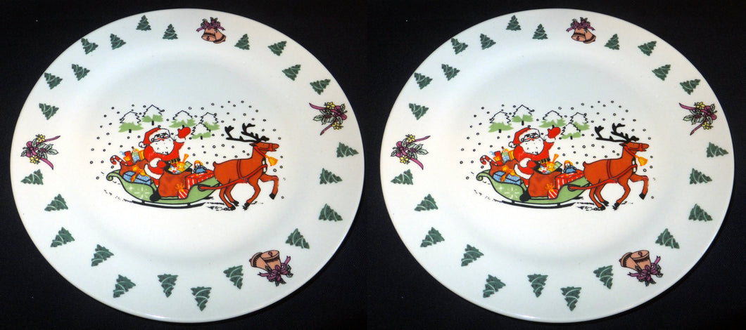 2er Set DESSERTTELLER - Porzellan, Weihnachtsmann Schlitten Rentier Schneeflocken Baum Bäume Motiv Dekor