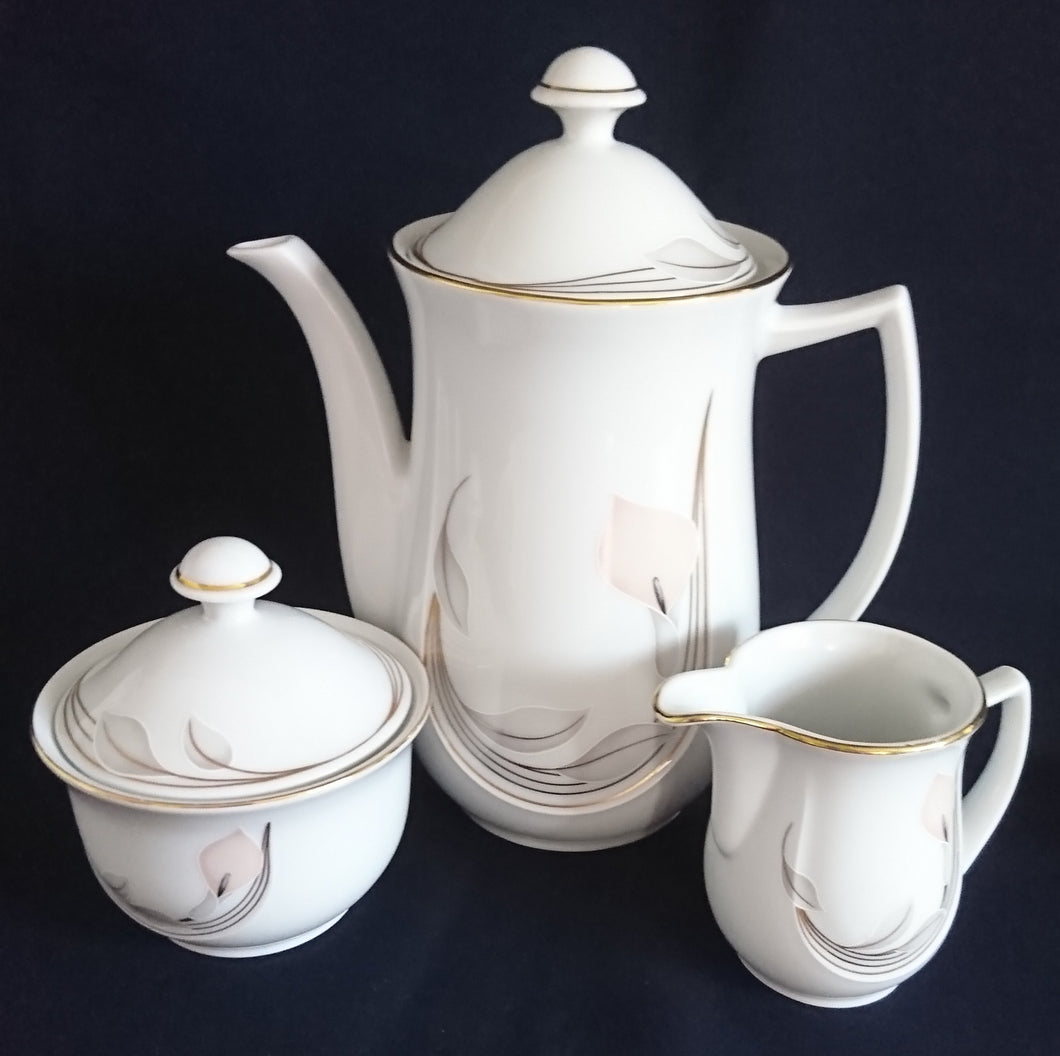 5er Set KAFFEEKANNE MIT DECKEL & MILCHKÄNNCHEN & ZUCKERDOSE UND DECKEL - Porzellan, Goldrand Flora Blumenblüte Relief Motiv Dekor