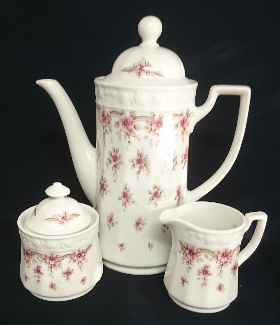 5er Set KAFFEEKANNE MIT DECKEL & MILCHKÄNNCHEN & ZUCKERDOSE + DECKEL - Porzellan, Streifen Linien Flora Blumenblüten Motiv Dekor