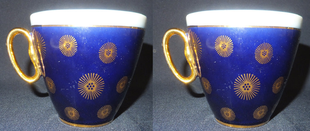 2er Set KAFFEETASSEN - Porzellan, Kobalt Linien Goldrand Sonne Blumenblüten Dekor