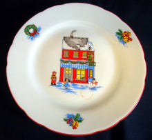 Lade das Bild in den Galerie-Viewer, DESSERTTELLER - Porzellan, Kinder Haus im Schnee Motiv Linienrand Dekor
