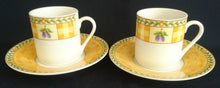 Lade das Bild in den Galerie-Viewer, 2er Set ESPRESSO UNTERTASSEN &quot;Flirt&quot; &quot;Country Garden&quot; - Porzellan, Meliertes Ranken Punktkreise Flora Pflaumen Geometrisches Motiv Dekor
