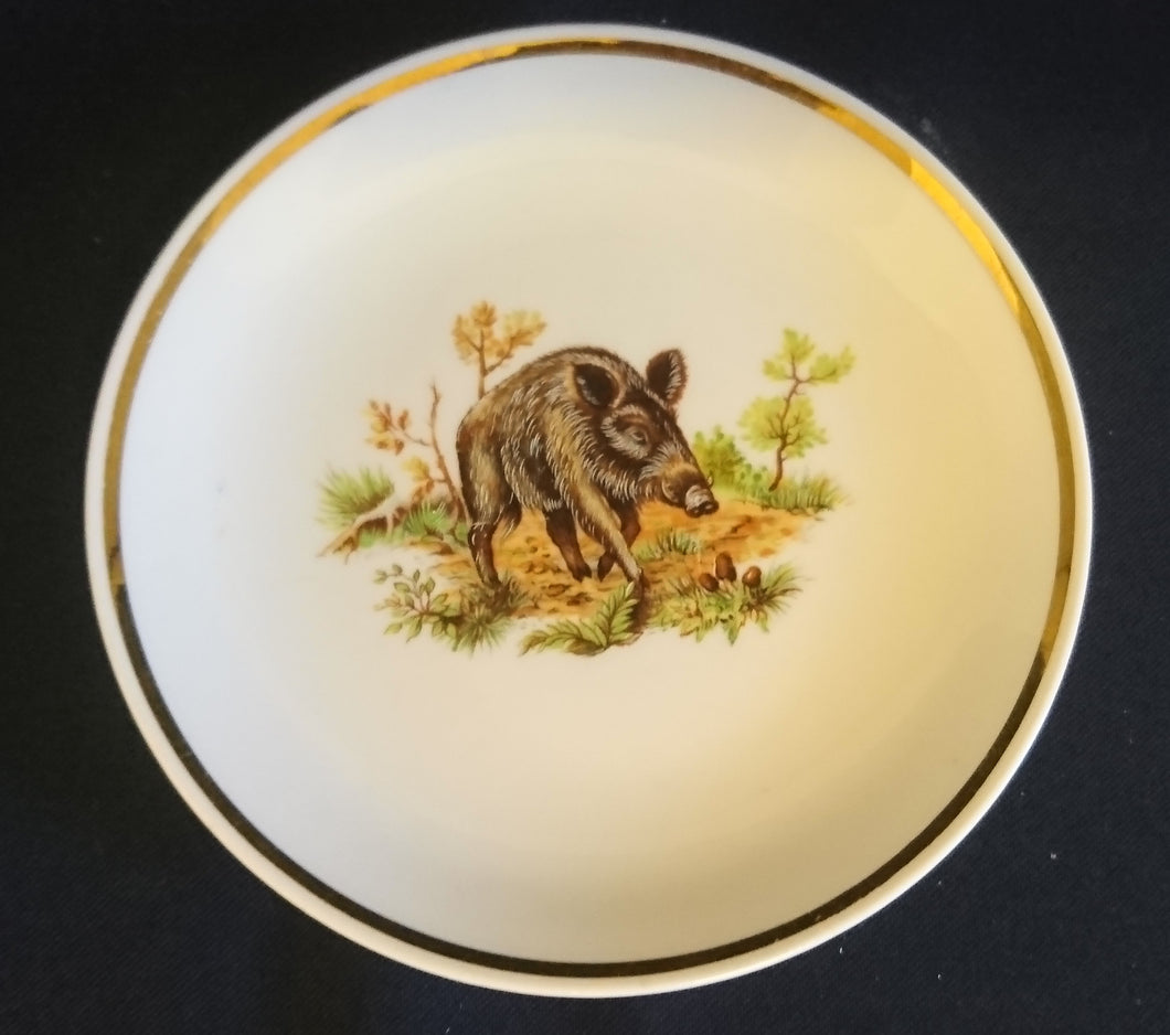 ABLAGETELLERCHEN - Porzellan, Wildschwein Bache Keiler Landschaft Motiv Goldrand Dekor